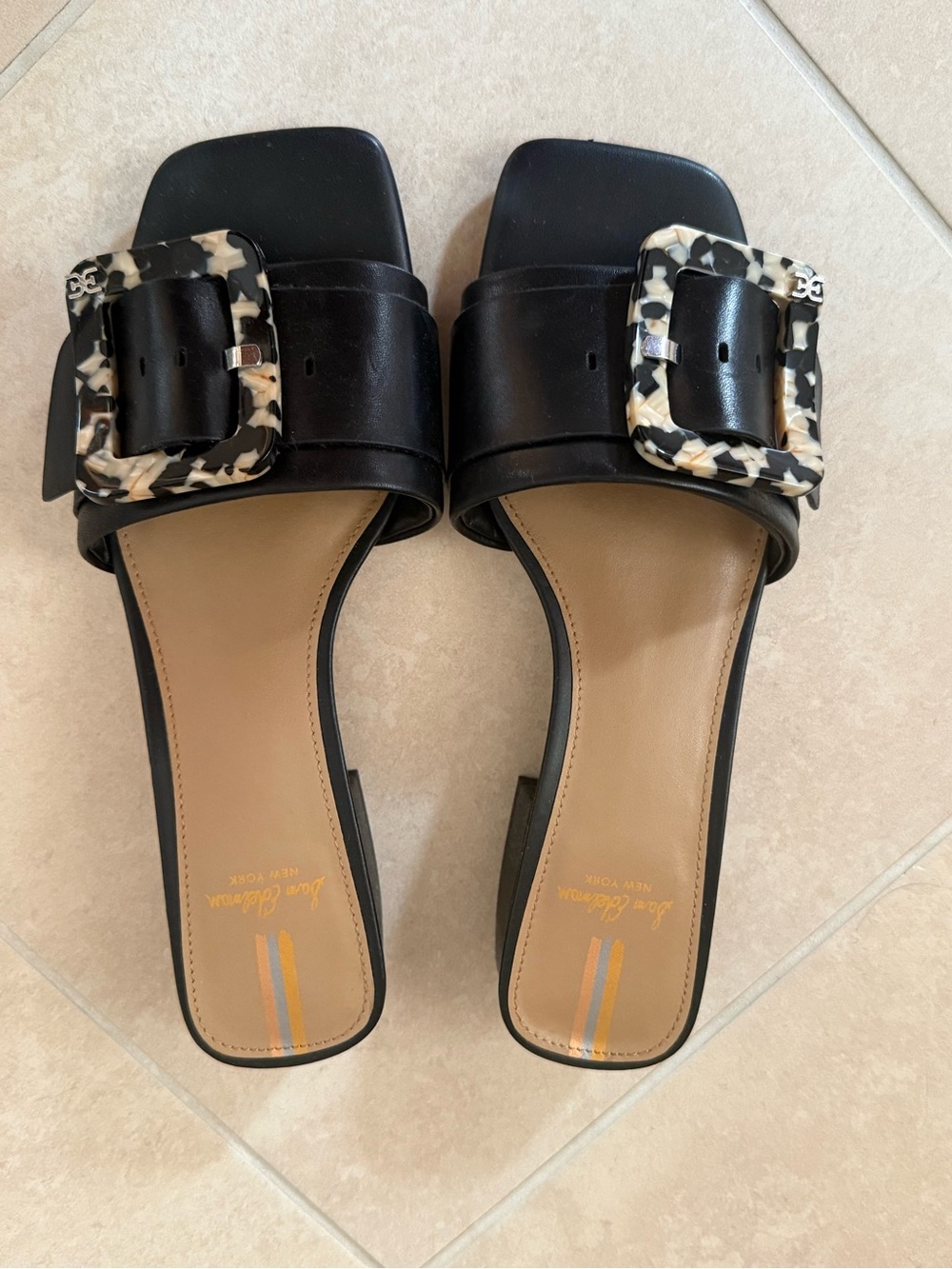 Black Sandal Mules with Tortoise Buckle - Women